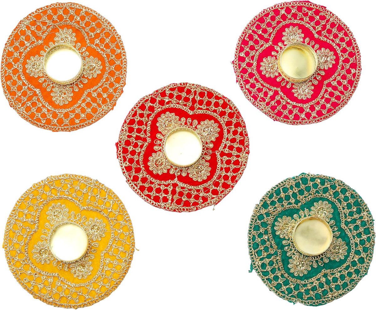 Set of 5 Tea Light Mat Rangoli T-Light Candle Holder Stand Festival