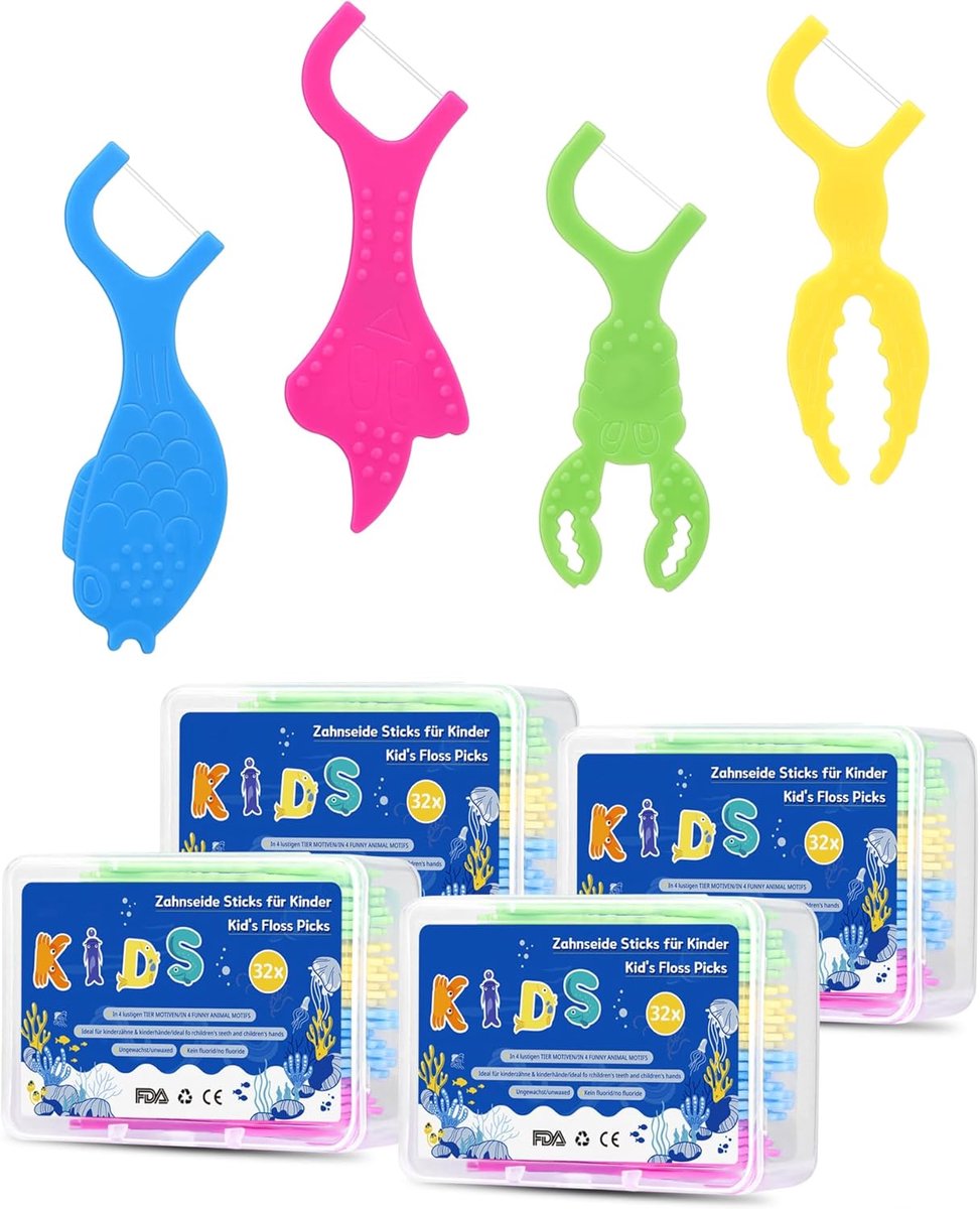 Flossers kids 128 stuks - kleurrijke zeedieren - fluorvrij - leuk voor dagelijkse verzorging - SnelShoppen