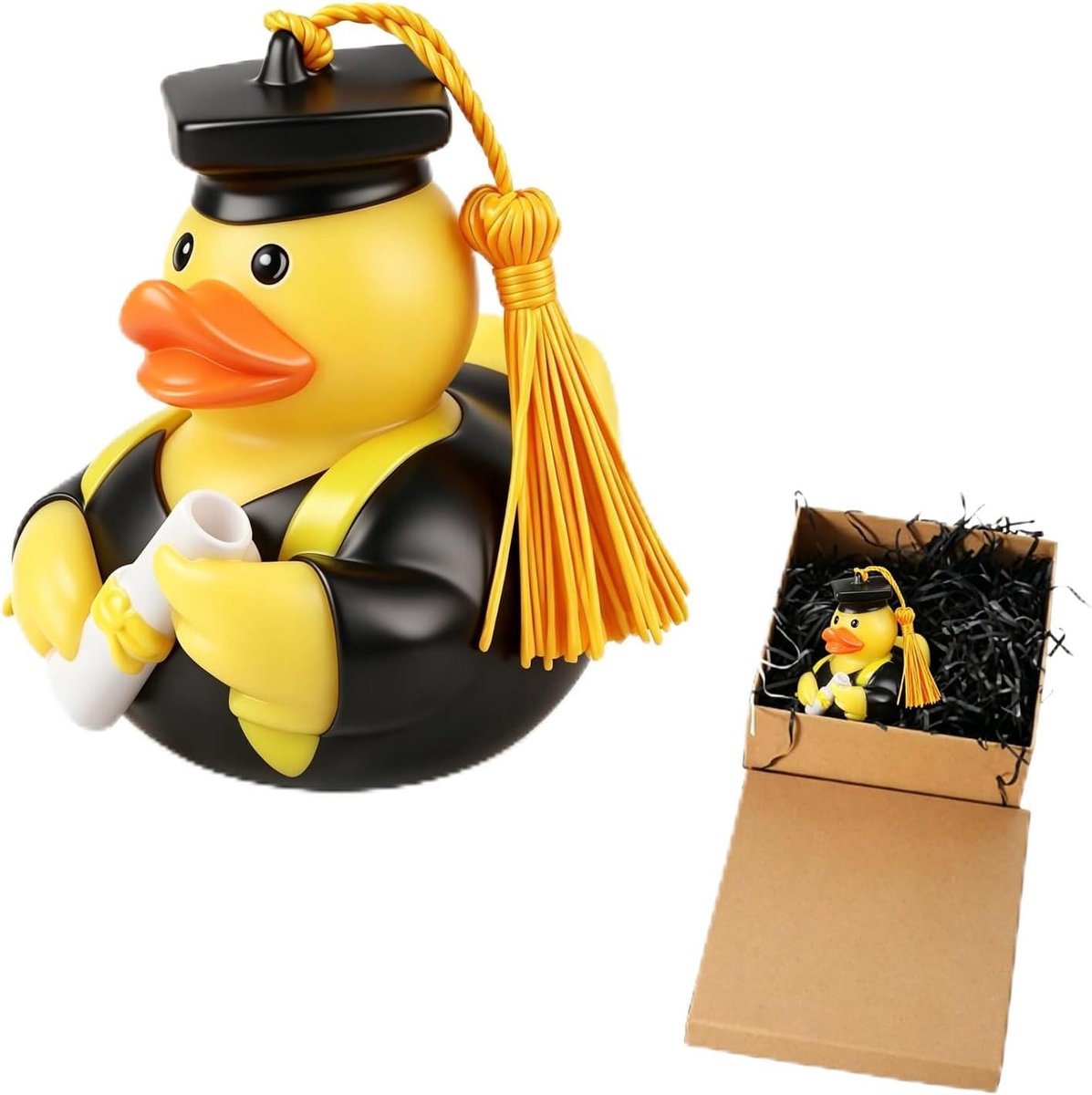 eend met diploma en hoed, eend voor afstuderen, grappig cadeau voor het geslaagde examen, met geschenkdoos