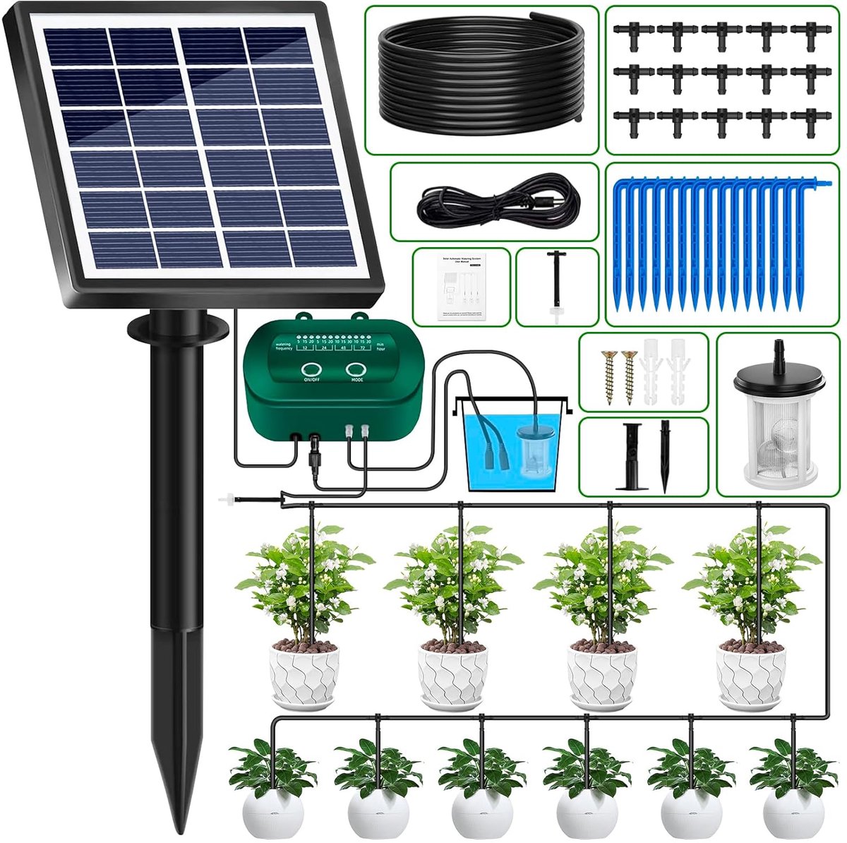 irrigatie- en druppelsysteem op zonne-energie met 15 microkoppen