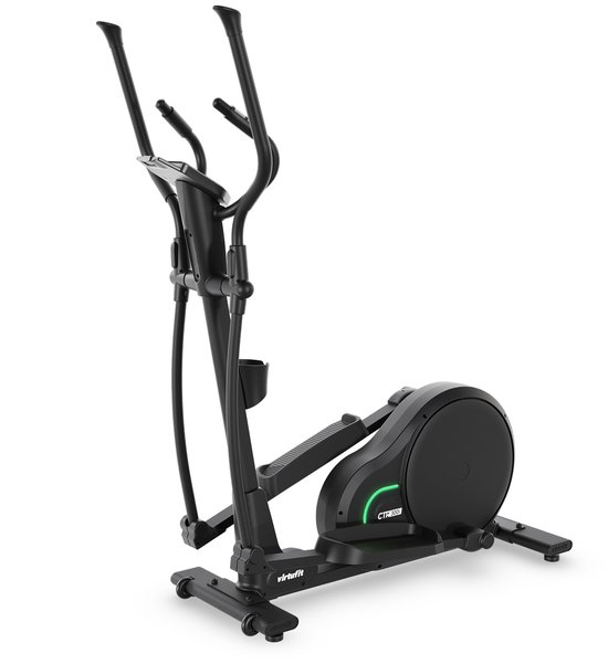 Zwarte VirtuFit crosstrainer CTF3000, schuin van voren gezien, met groene gloed op het vliegwiel.
