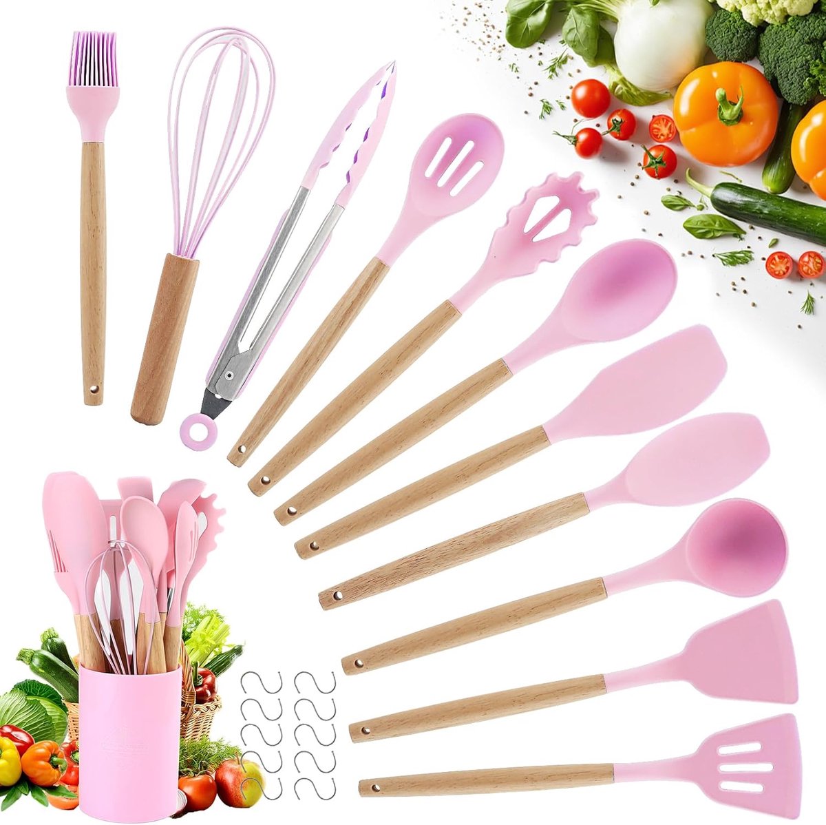Keukengerei Set van 22 Stuks - Pannenscheppers en 10 Haken (Roze)
