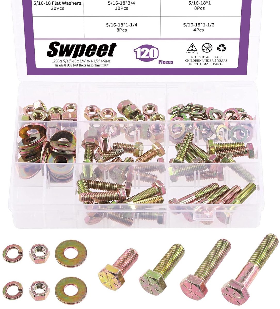 SnelShoppen - 120 Stuks Assortimentset Moeren, Bouten en Ringen 5/16"-18 x 3/4" tot 1-1/2" Zware Kwaliteit, Coarse Draad, Hex Hoofd, Voor Klussen, Bou