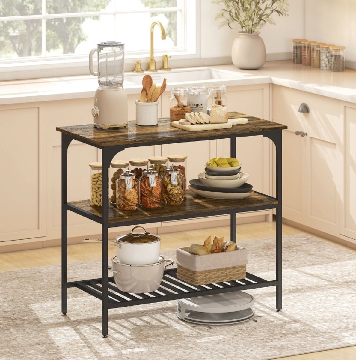 Bakkerskast 100 x 50 x 90 cm - Open Keukenrek Met Stalen Frame - Hout - Rustiek Bruin Zwart - Voor Keuken En Koffiebar