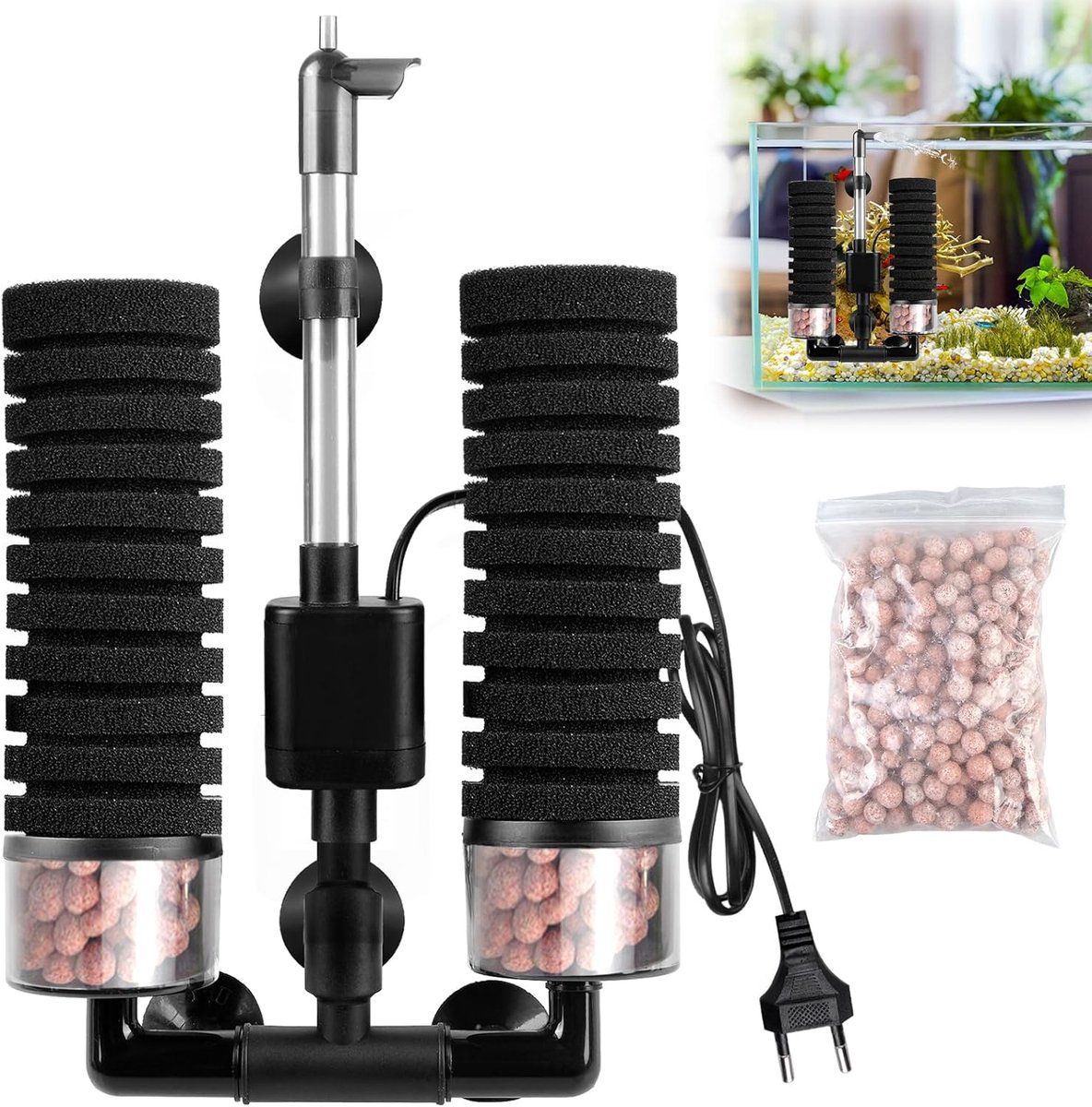 sponsfilter, aquariumset, elektrisch aquariumfilter, aquariumfilter met filterbal, stil duikschuim, dubbele sponsfilter voor biologische en mechanische filtering