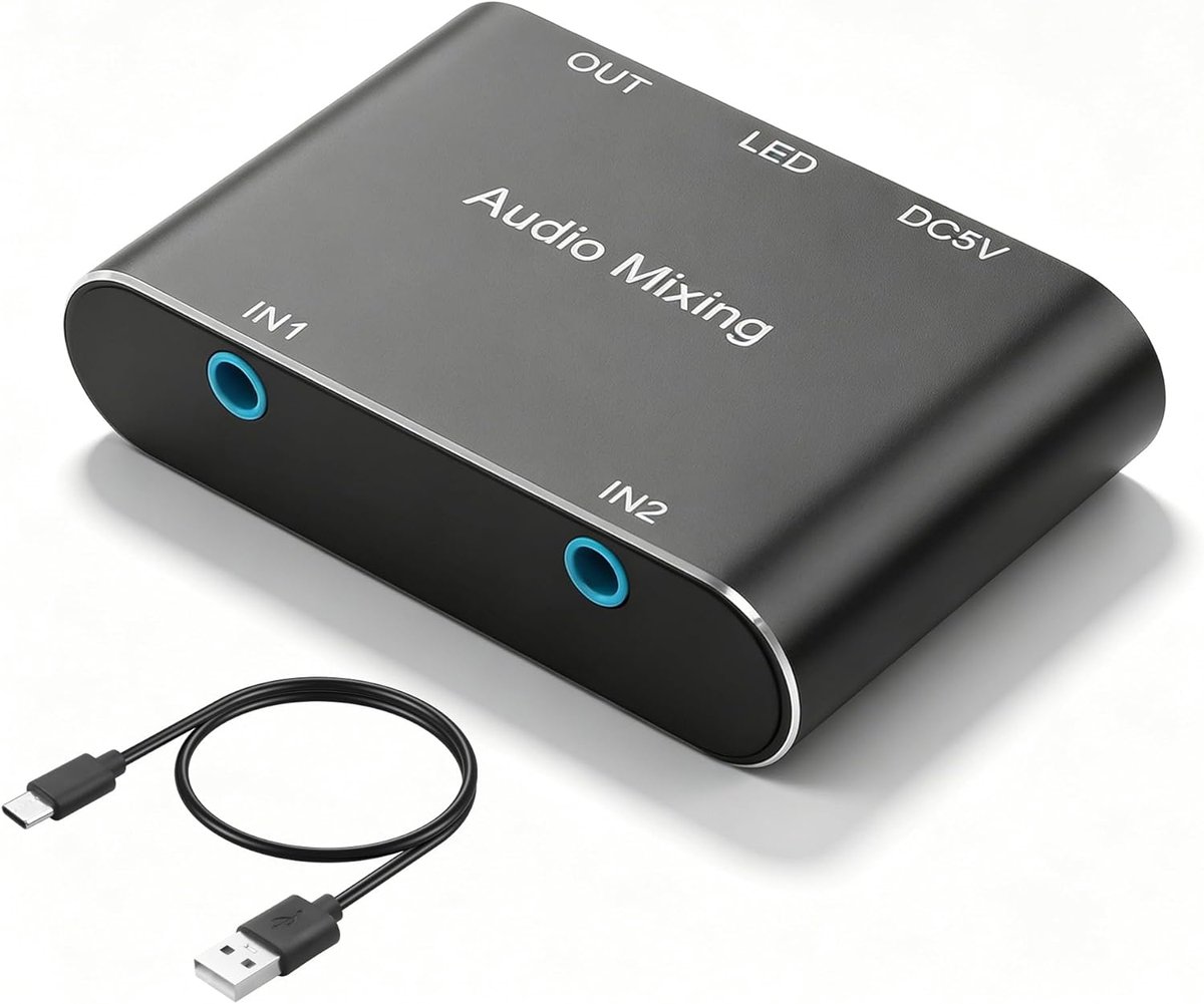 3,5 mm stereo audio-mixer 2-in-1 out 3,5 mm stereo mini-audio-mixer met 5 m USB-oplaadkabel voor laptops, mobiele telefoons, hoofdtelefoons, luidsprekers enz