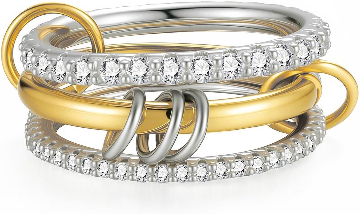 Ringen voor dames, in elkaar verweven gouden ringen, zilveren ring