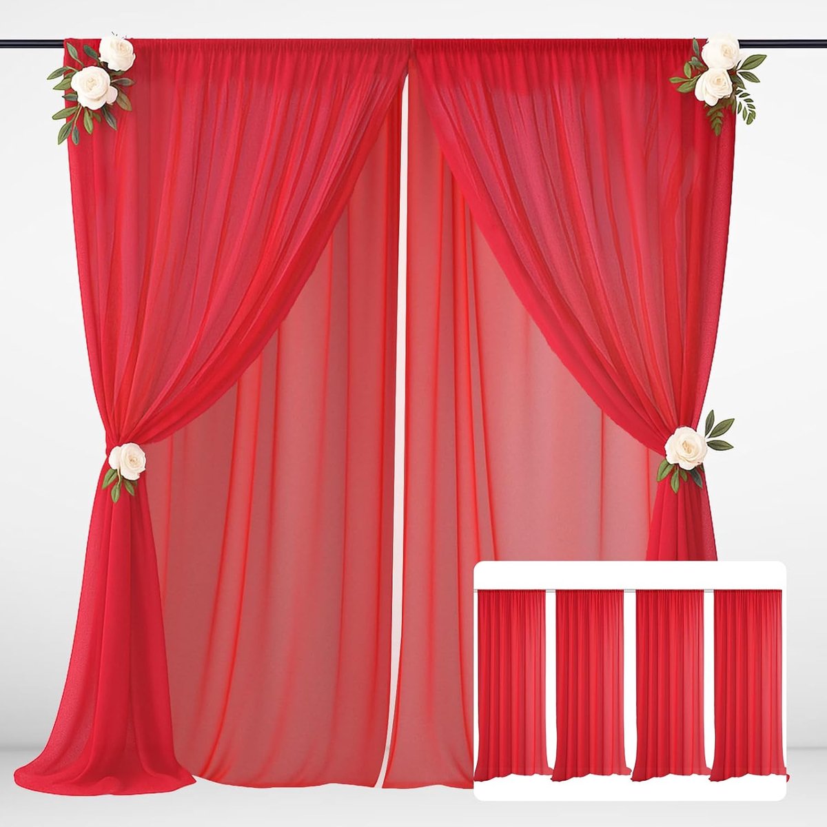 Rode Gordijnen, 1,5 x 3 m(4 Delig) van Tule en Chiffon Gedrapeerd