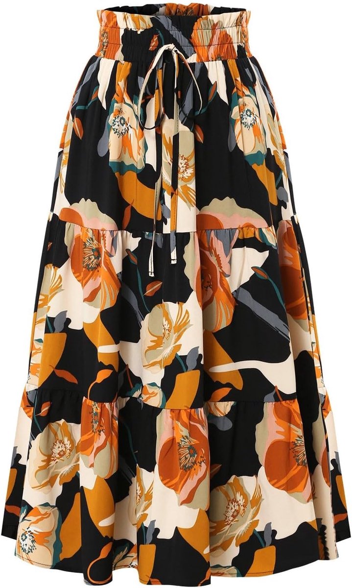 Lange rok voor dames, elastische taille, rok met bloemenprint, rok