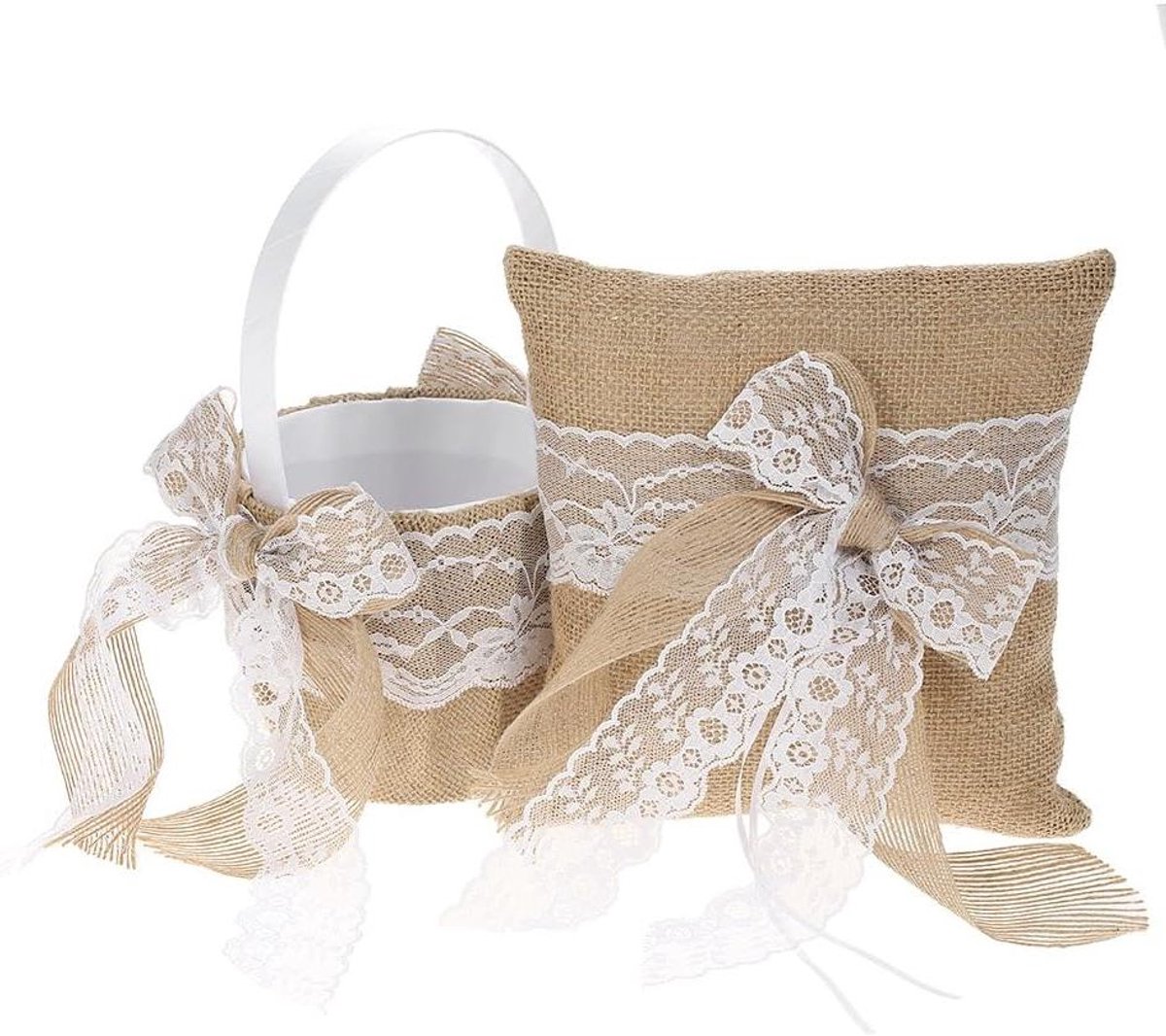 Ringkussen en mand set - Bruiloft accessoires - Bruiloft decoratie - Rustieke jutestijl - 7x7 inch ringkussen - Niet gespecificeerd