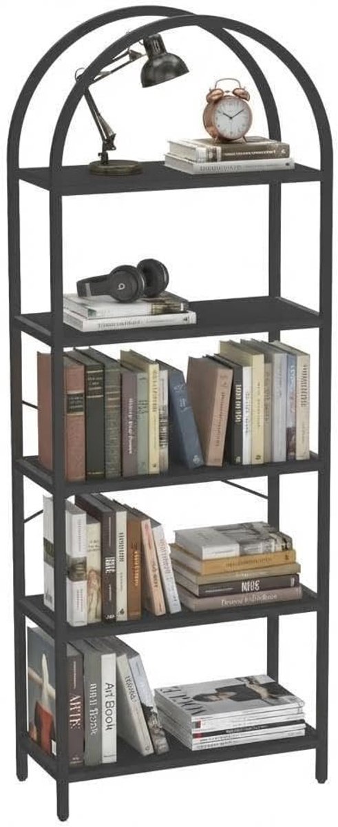 Boekenkast met Boogontwerp - Zwart Metalen Frame - Open Vakkenkast met 5 Planken - Industrieel Wandrek & Displayrek voor Woonkamer en Kantoor - Modern Boogvormig