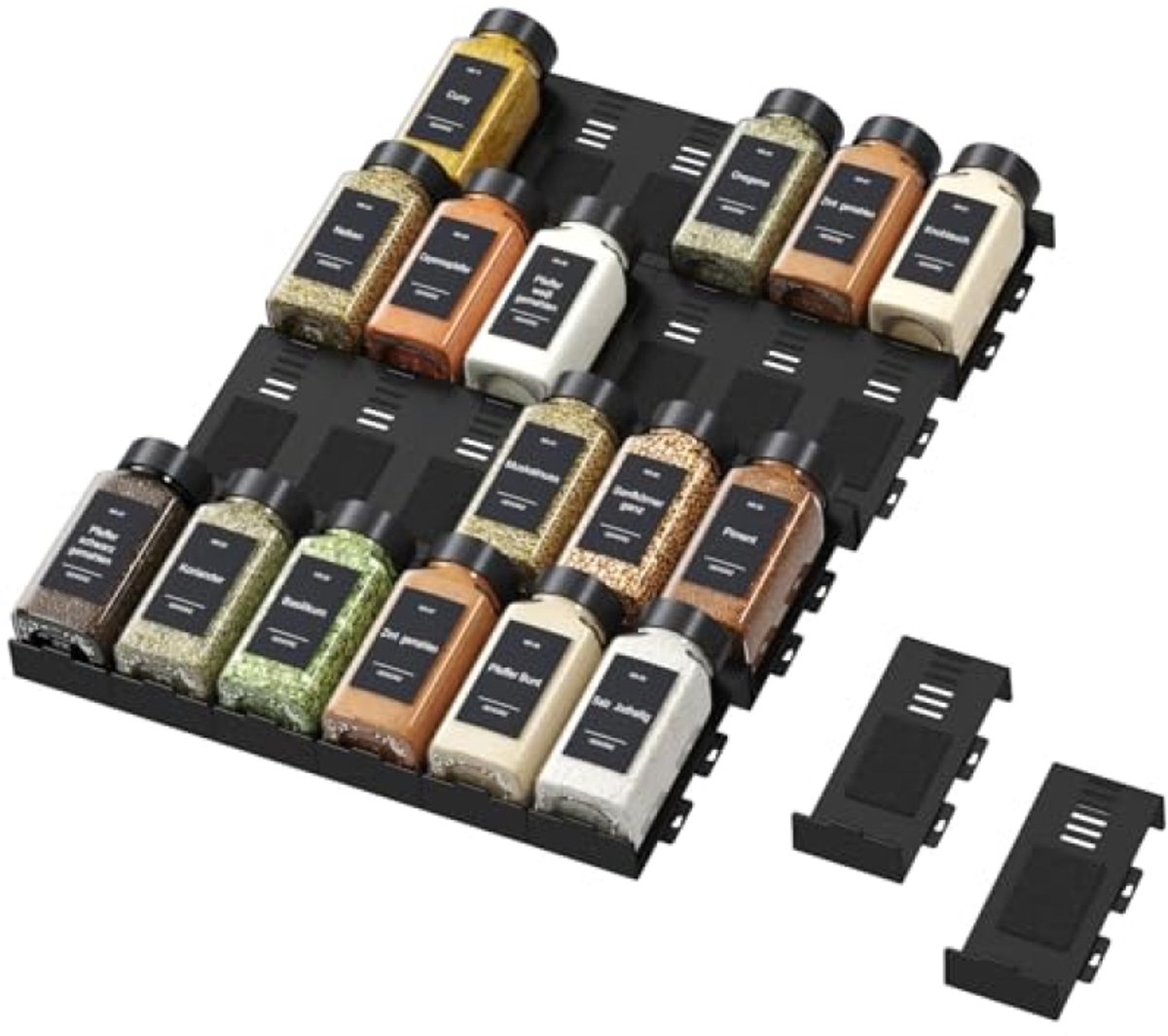Huis Geluk Uitbreidbaar Kruidenrek Lade Organizer 24-delig – Verstelbare Kruidenlade Inzet voor Keukenlades – Antislip EVA Mat – Zwart