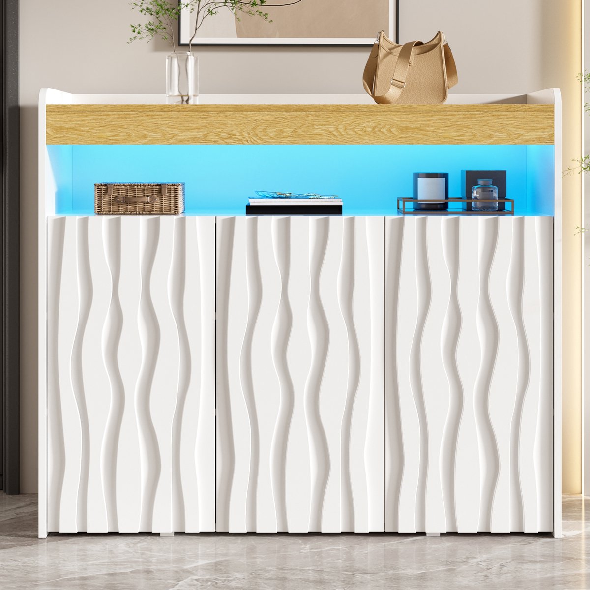 Sweiko Schoenenkast - Halmeubel - LED-verlichting - Golvend ontwerp - Verstelbare planken - 105 × 90.5 × 35 cm - Wit