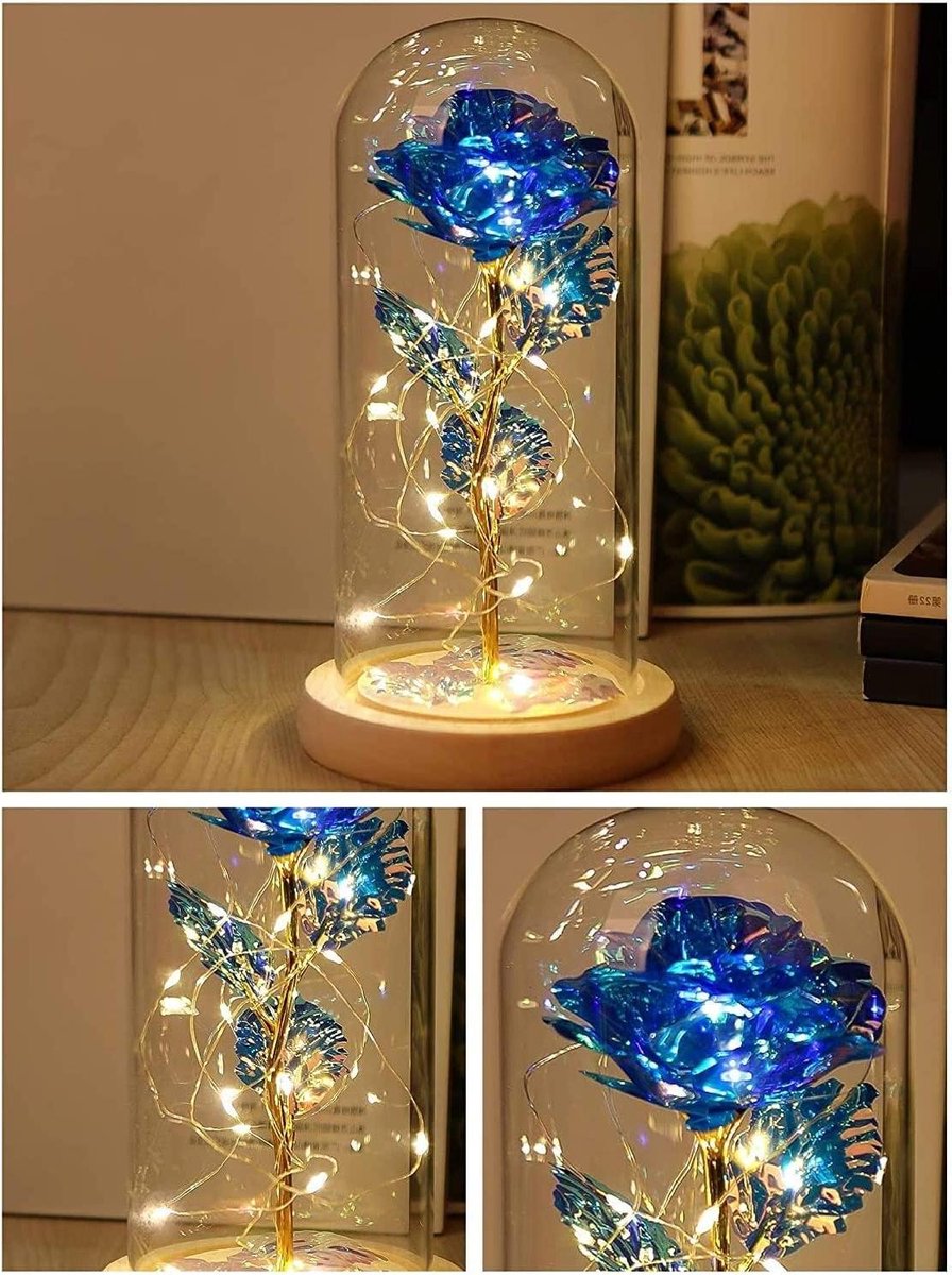 Roos in Glazen Koepel - Eeuwige Bloem LED - Decoratie Huis - Goudfolie Roos - 21 cm Hoog - Blauw
