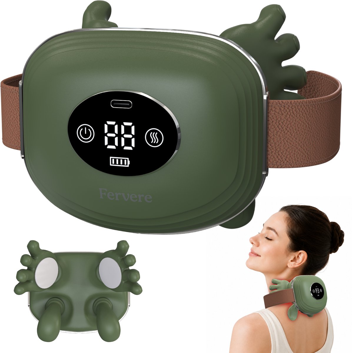 Fervere Premium 4D Nekmassage Apparaat - Bionische Massagehanden met Warmte - Draadloze Shiatsu Massager - LED Display - Voor Nek, Schouders, Rug, Armen & Benen - Donkergroen