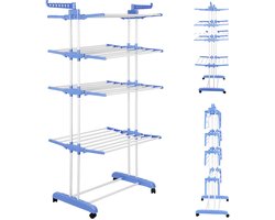 PIPIPOXER- Wasrek Inklapbaar-Droogrek-Staand Droogrek -Uitschuifbare Droogtoren – 4 Verdiepingen – 75 meter Drooglengte- Ruimtebesparend Wasrek -Wastoren Staand- Droogrek op Wielen - blauw en wit