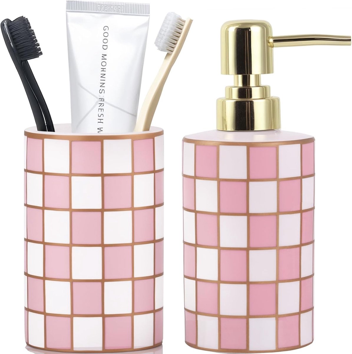 Moderne badkamer accessoires set met keramische zeepdispenser en tandenborstelhouder, zwart-wit geruit design, perfect voor stijlvolle badkamerinrichting en organisatie