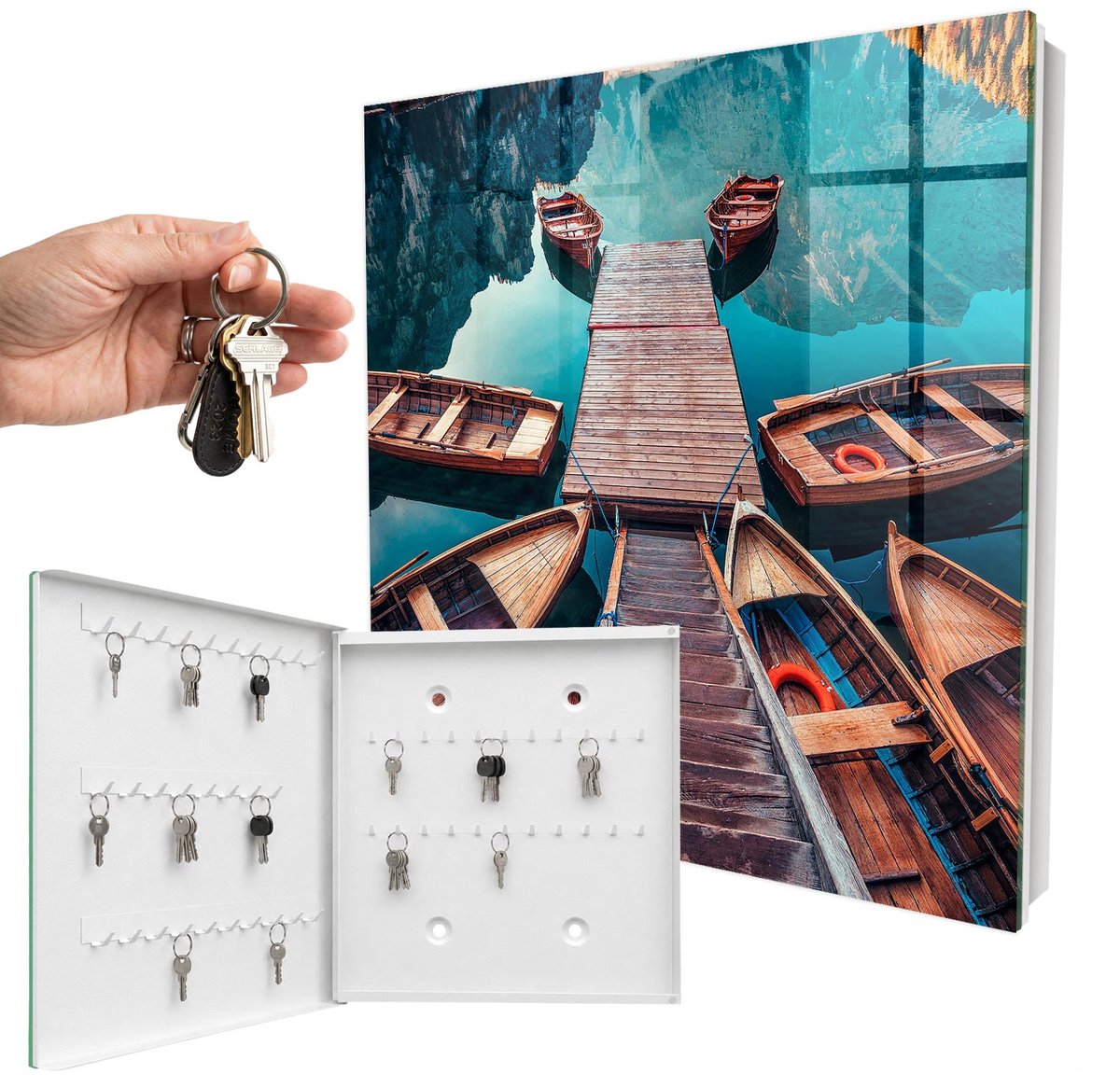 WallMuralia - Sleutelkast - 30x30x5 cm - met 50 haken - Berglandschap Sleutelkastje Muur - Blauw Sleutelbox - Linksopenend - Wit interieur