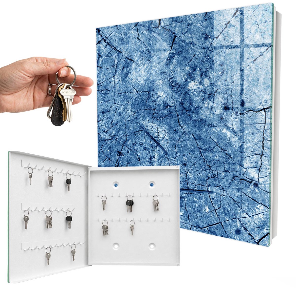 WallMuralia - Sleutelkast - 30x30x5 cm - met 50 haken - Blauwe Textuur Sleutelkastje Landelijk - Blauw Sleutelbox - Linksopenend - Wit interieur