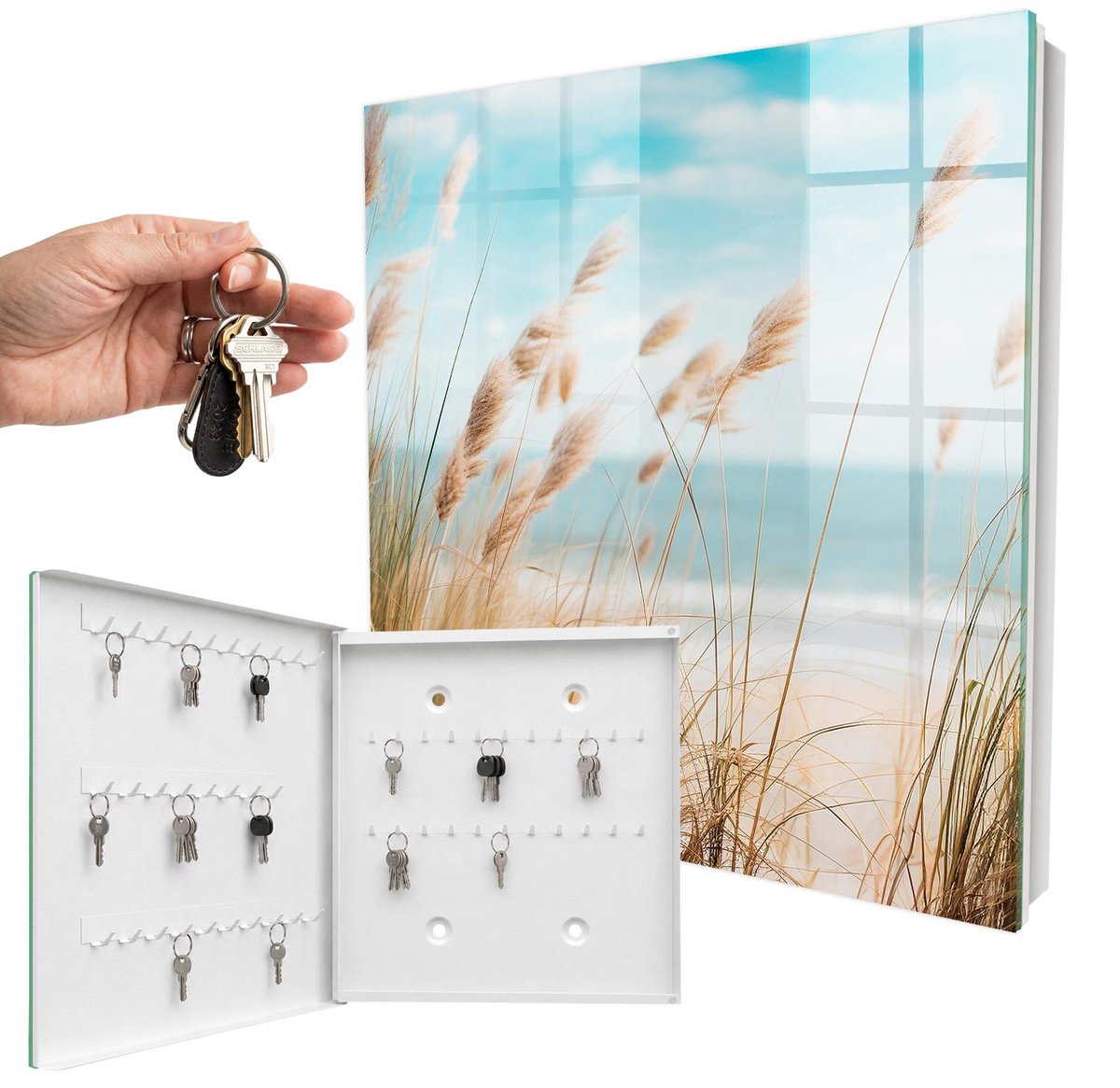 WallMuralia - Sleutelkast - 30x30x5 cm - met 50 haken - Zomerstrand Sleutelkastje - Turkoois Sleutelbox - Linksopenend - Wit interieur
