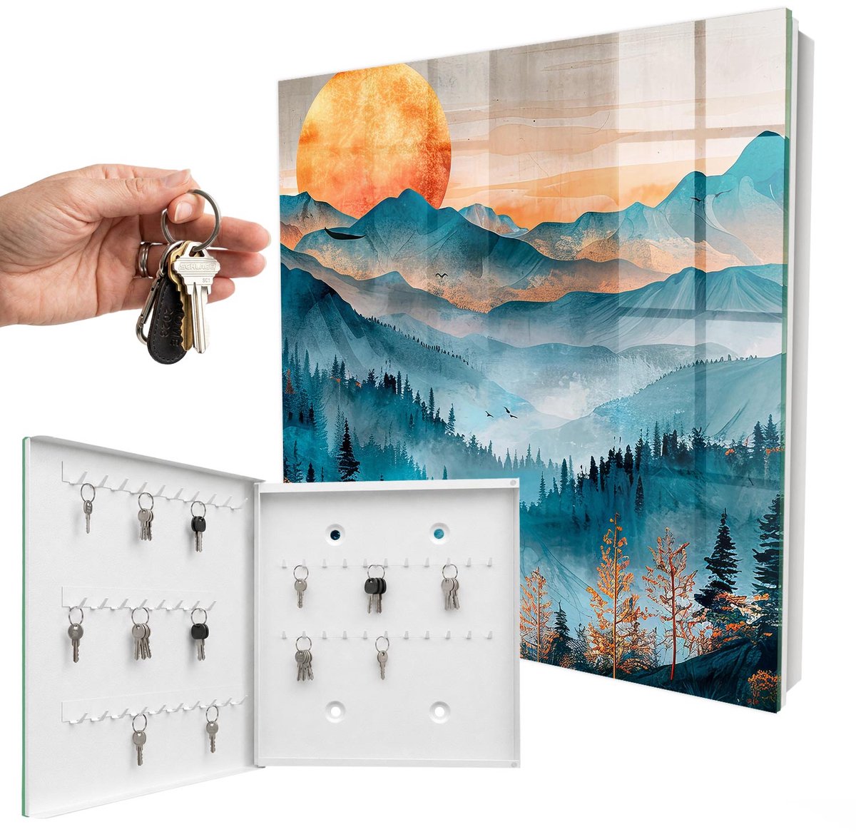 WallMuralia - Sleutelkast - 30x30x5 cm - met 50 haken - Bergachtig Westen Sleutelkastje Huis - Turkoois Sleutelbox - Linksopenend - Wit interieur