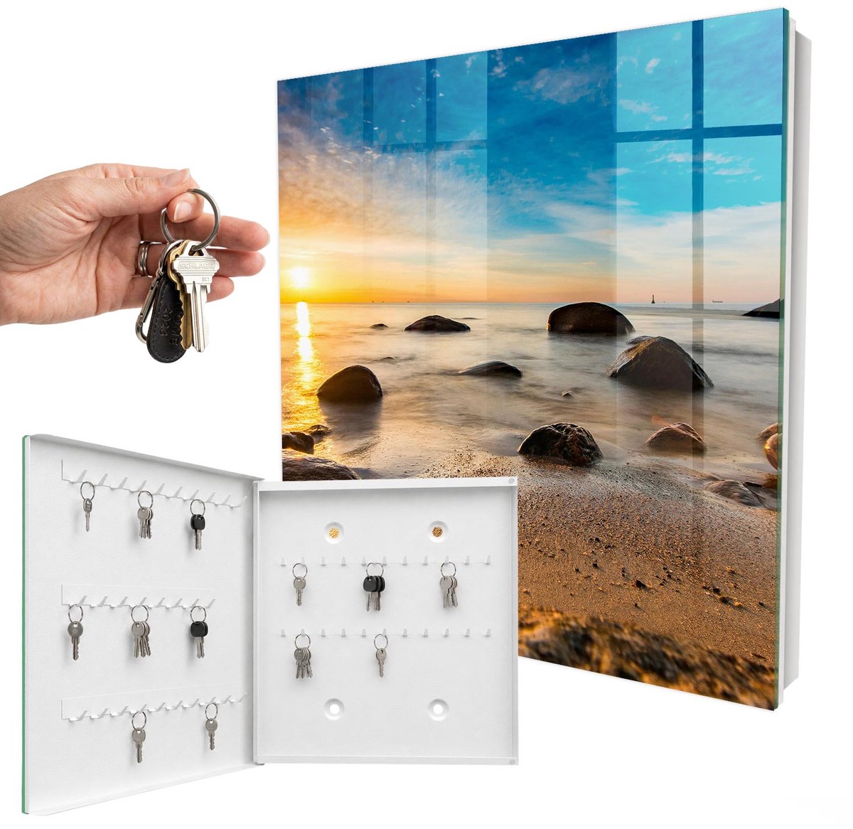 WallMuralia - Sleutelkast - 30x30x5 cm - met 50 haken - Westkust Sleutelkastje Industrieel - Blauw Sleutelbox - Linksopenend - Wit interieur
