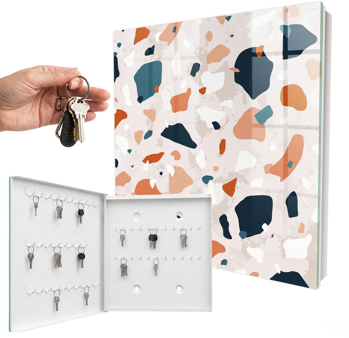 WallMuralia - Sleutelkast - 30x30x5 cm - met 50 haken - Kleurrijke Chaos Leuk Sleutelkastje - Oranje Sleutelbox - Linksopenend - Wit interieur