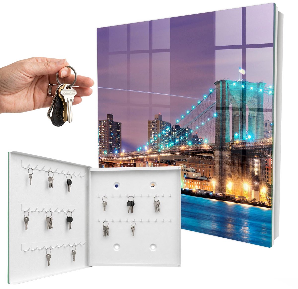 WallMuralia - Sleutelkast - 30x30x5 cm - met 50 haken - Stadsbrug Sleutelkastje Huis - Paars Sleutelbox - Linksopenend - Wit interieur