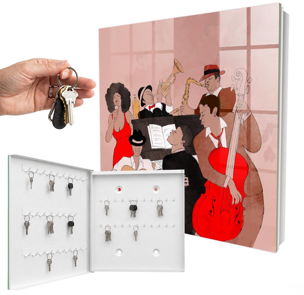 WallMuralia - Sleutelkast - 30x30x5 cm - met 50 haken - Jazzscene Design Sleutelkastje - Rood Sleutelbox - Linksopenend - Wit interieur