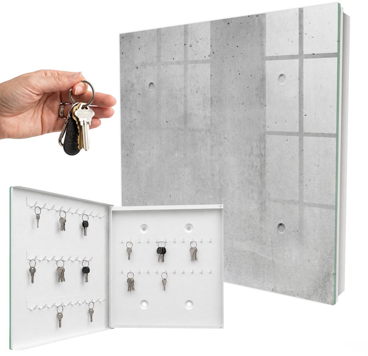 WallMuralia - Sleutelkast - 30x30x5 cm - met 50 haken - Ruw Beton Sleutelkastje Landelijk - Grijs Sleutelbox - Linksopenend - Wit interieur