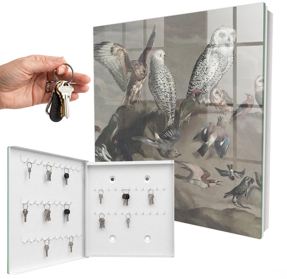 WallMuralia - Sleutelkast - 30x30x5 cm - met 50 haken - Vogels Op Een Rots Sleutelkastje Klein - Grijs Sleutelbox - Linksopenend - Wit interieur