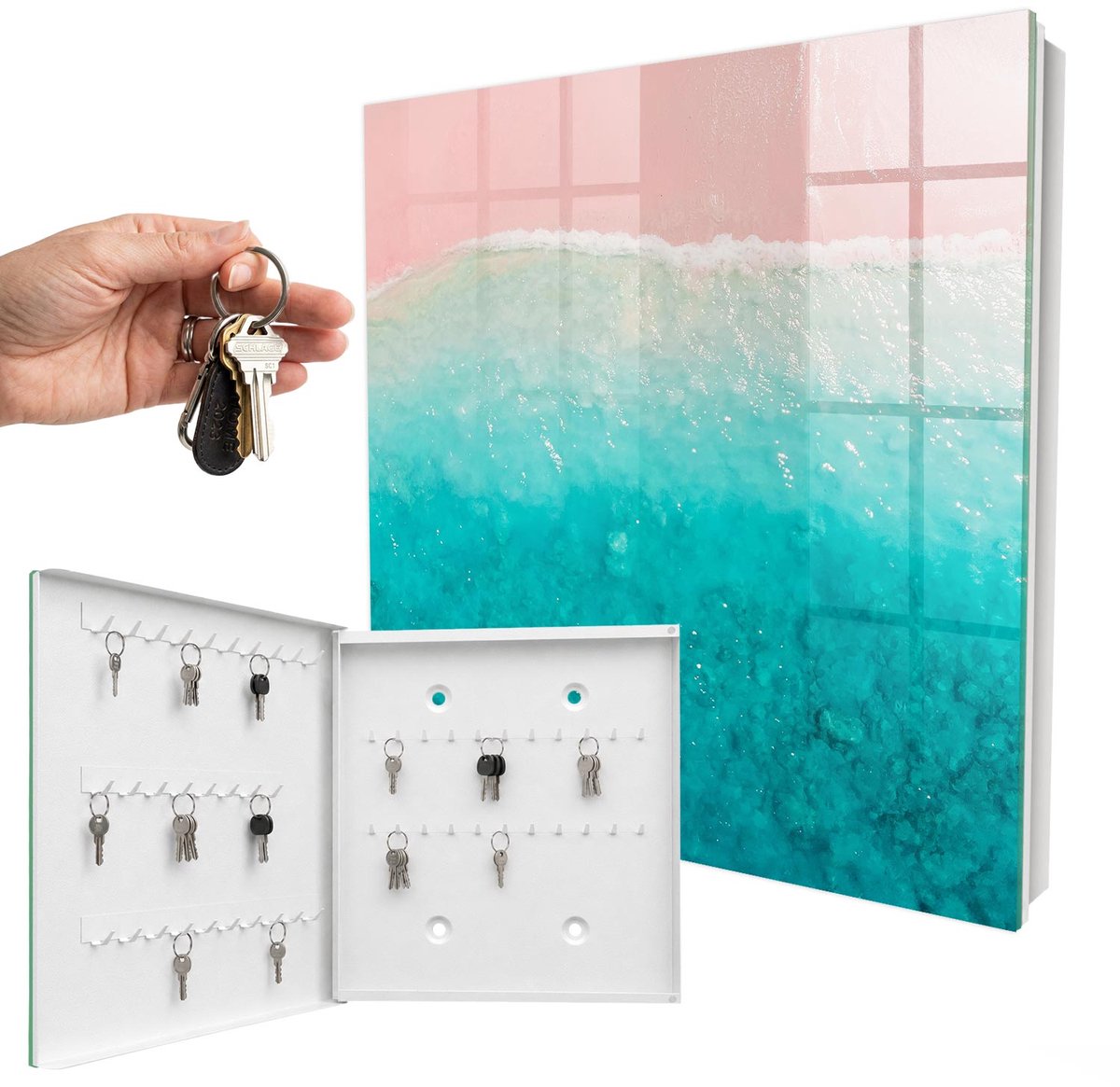 WallMuralia - Sleutelkast - 30x30x5 cm - met 50 haken - Droomstrand Sleutelkastje Klein - Turkoois Sleutelbox - Linksopenend - Wit interieur