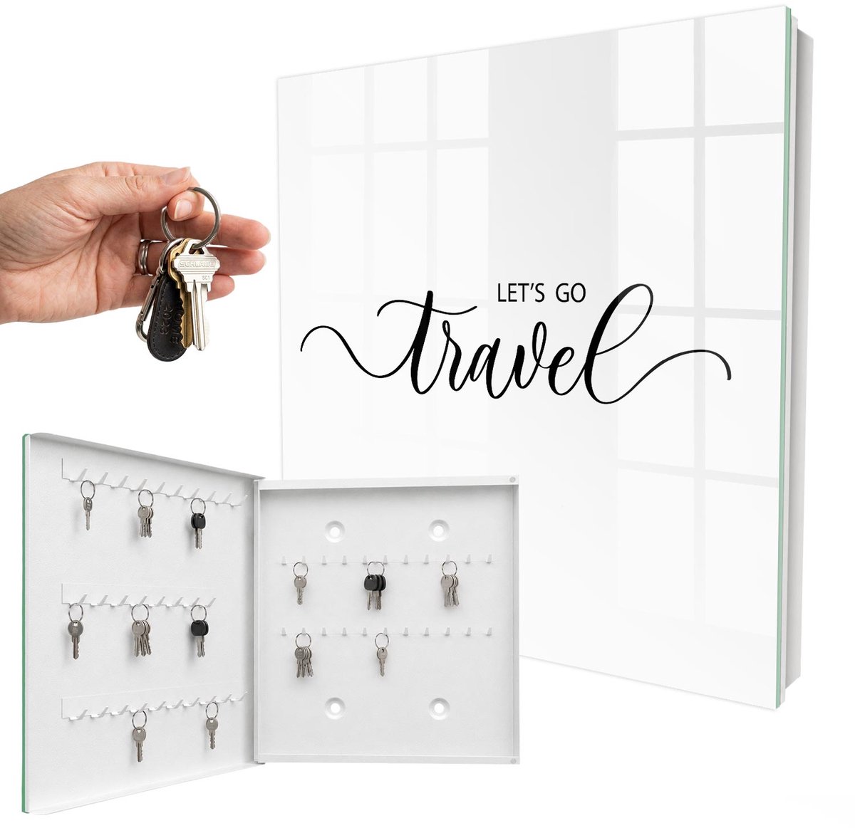 WallMuralia - Sleutelkast - 30x30x5 cm - met 50 haken - Droomreis Leuk Sleutelkastje - Zwart-Wit Sleutelbox - Linksopenend - Wit interieur