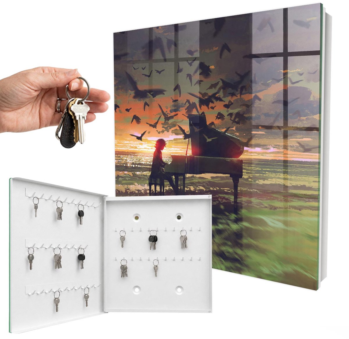 WallMuralia - Sleutelkast - 30x30x5 cm - met 50 haken - Harmonie Van De Natuur Sleutelkastje Voor Binnen - Oranje Sleutelbox - Linksopenend - Wit interieur