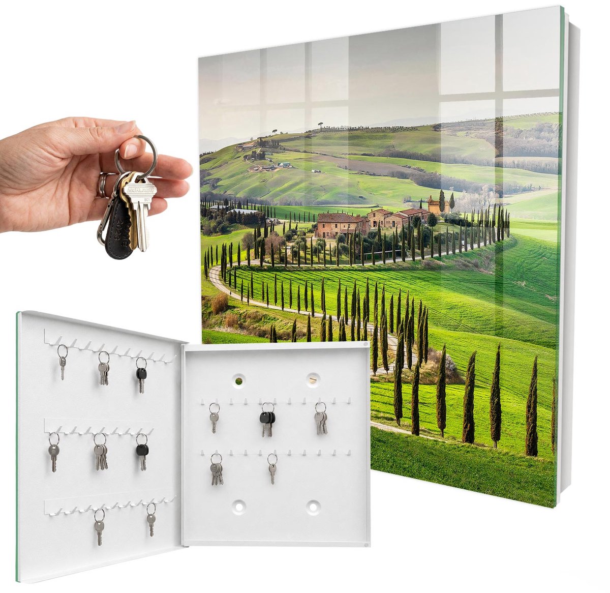 WallMuralia - Sleutelkast - 30x30x5 cm - met 50 haken - Toscaans Landschap Sleutelkastje Gang - Groente Sleutelbox - Linksopenend - Wit interieur