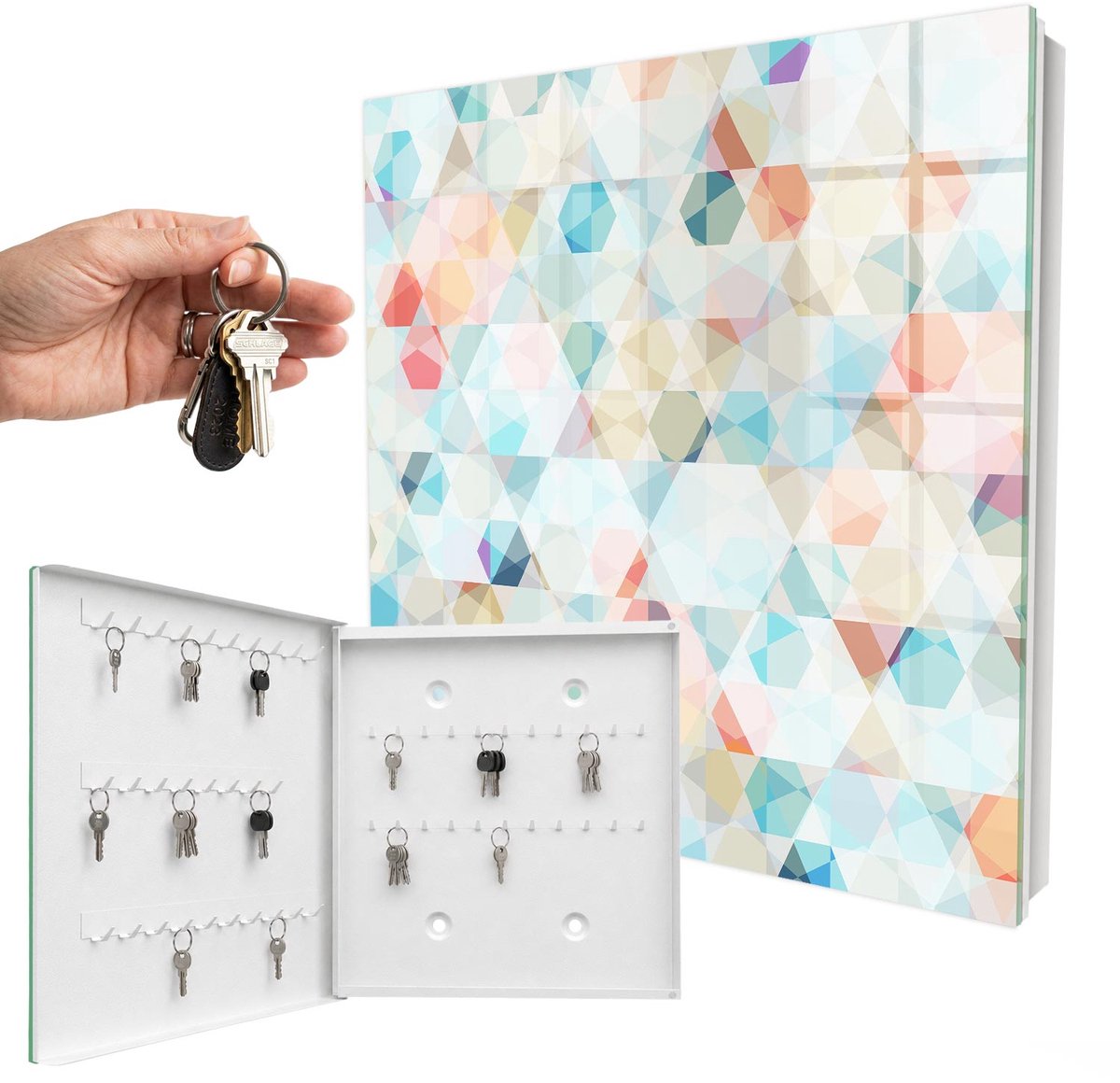 WallMuralia - Sleutelkast - 30x30x5 cm - met 50 haken - Geometrische Patronen Sleutelkastje Binnen - Blauw Sleutelbox - Linksopenend - Wit interieur