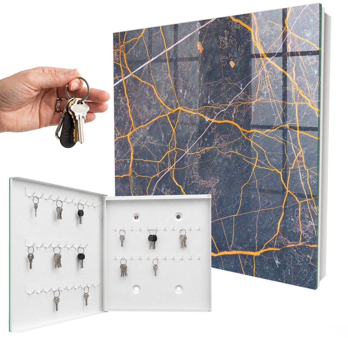 WallMuralia - Sleutelkast - 30x30x5 cm - met 50 haken - Decoratieve Lijnen Sleutelkastje Hal - Geel Sleutelbox - Linksopenend - Wit interieur
