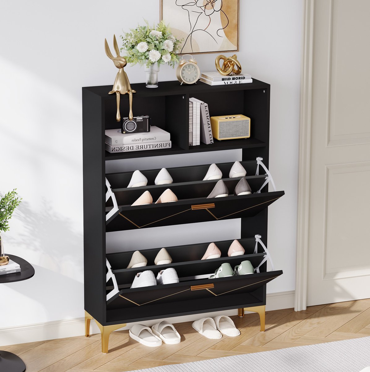 MIVRAY Schoenenkast Met 2 Kiepdeuren En 4 Schoenvakken Voor Hal En Woonkamer MDF Zwart 80 X 25 X 117 Cm Met Metalen Poten