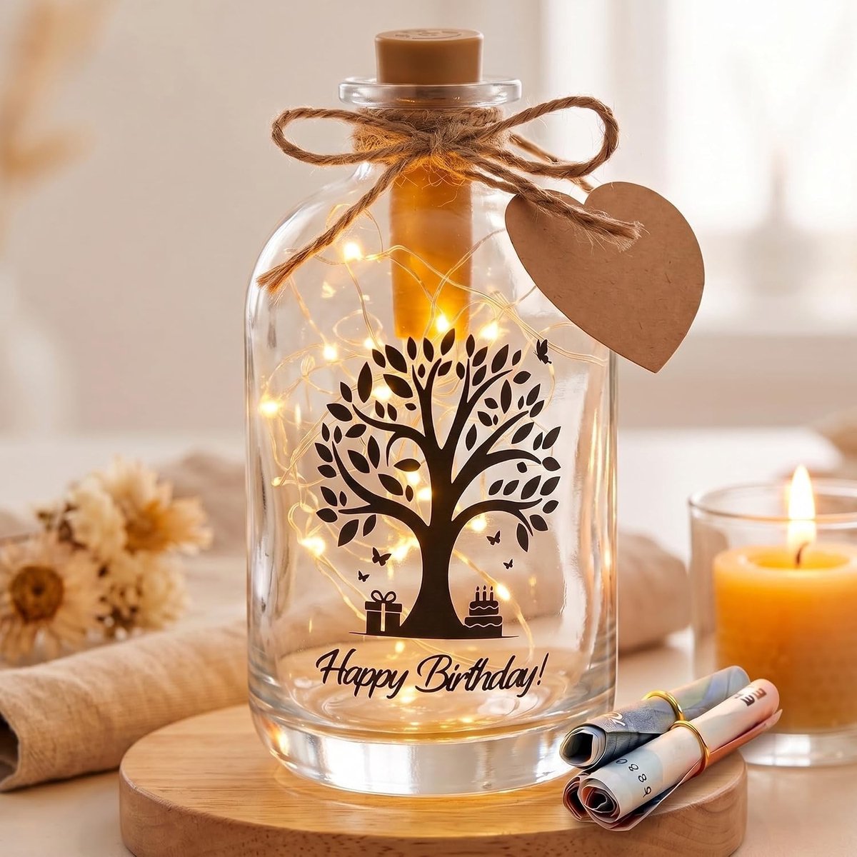 Geld Cadeaus met LED-Fleslampje en Spreuk - Decoratieve Verpakking voor Geldgeschenken met Levensboom en Verlichting