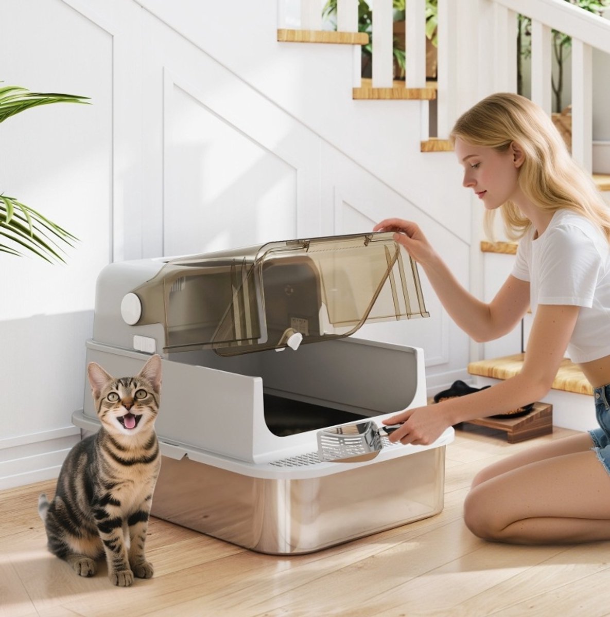 REDOM - Kattenbak - XXL - Klappende voorklep - Gesloten ontwerp - Geurcontrole - Voor grote katten tot 12 kg - RVS - Grijs - 70 x 50 x 46,5 cm