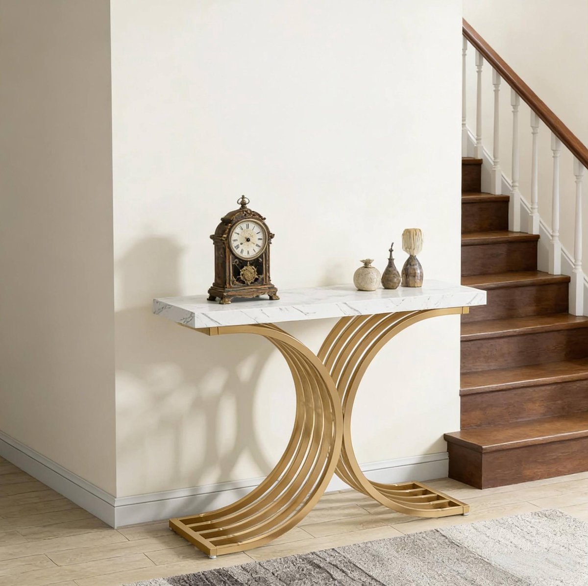 COVREO Sidetable 100 x 30 x 80 cm, goud wit, marmerlook, voor hal en woonkamer Goud+Wit