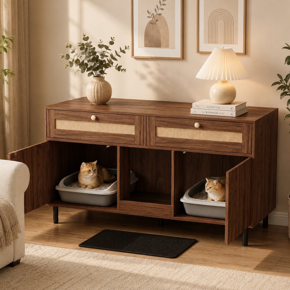 Kattenbak kast - 2-in-1 Kast - Kattenbak huis - Kattenhok - Dierenkast - Bijzettafel/tv-meubel - Met lades - Ontwerp met dubbele deur - Kattenbak niet inbegrepen - 120x50x65 cm - Walnoothoutkleur