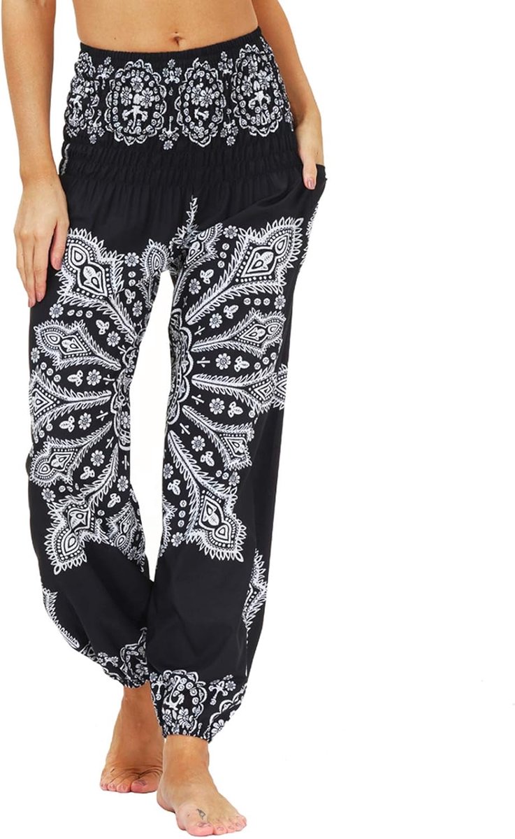 hippiebroek voor dames, harembroek, boho-patroon, gesmokte taille met zakken, vrijetijdsbroek, zomerbroek, yogabroek, Eén maat