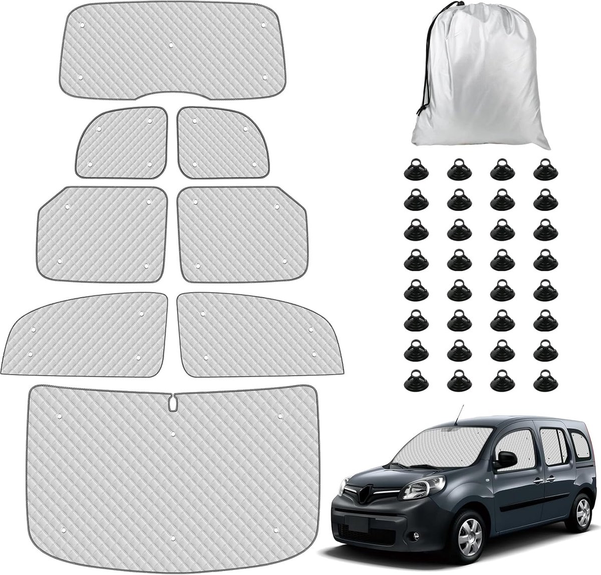 Voorruit compatibel met Renault Kangoo Tweede Generatie II X61 2007-2021, set van 8 stuks voorruitbescherming, set van thermische binnenkleppen, 100%