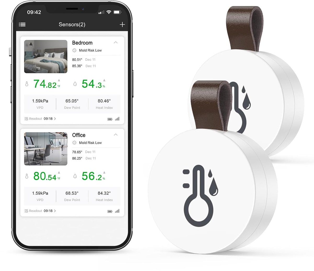 thermometer hygrometer, set van 2 temperatuursensoren | Met app, gegevensopslag en export, draadloos voor iOS/Android voor thuis, kantoor, kas, wijnkelder