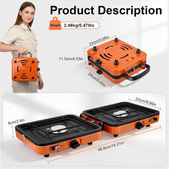 2-pits campingfornuis 4400W, krachtig gasfornuis voor buiten koken, opvouwbaar campingfornuis met ontsteking voor backpacken, picknicks en reizen — afbeelding 5