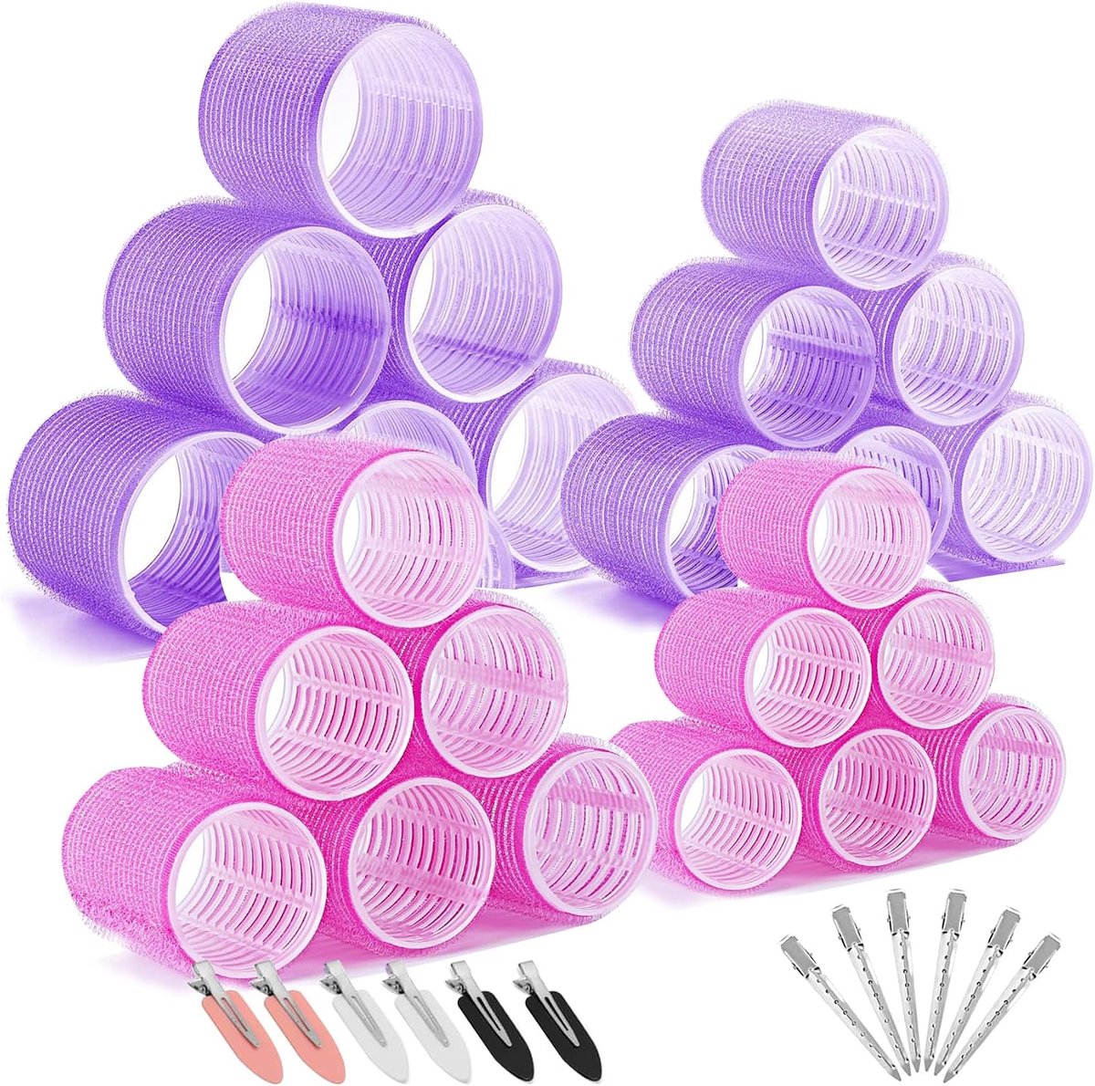 Krulspelden, krulspelden voor lang haar, 4 maten (64 mm/44 mm/36 mm/25 mm) met 12 clips, niet-verwarmde krulspelden voor lang, medium en kort haar (roze en paars)