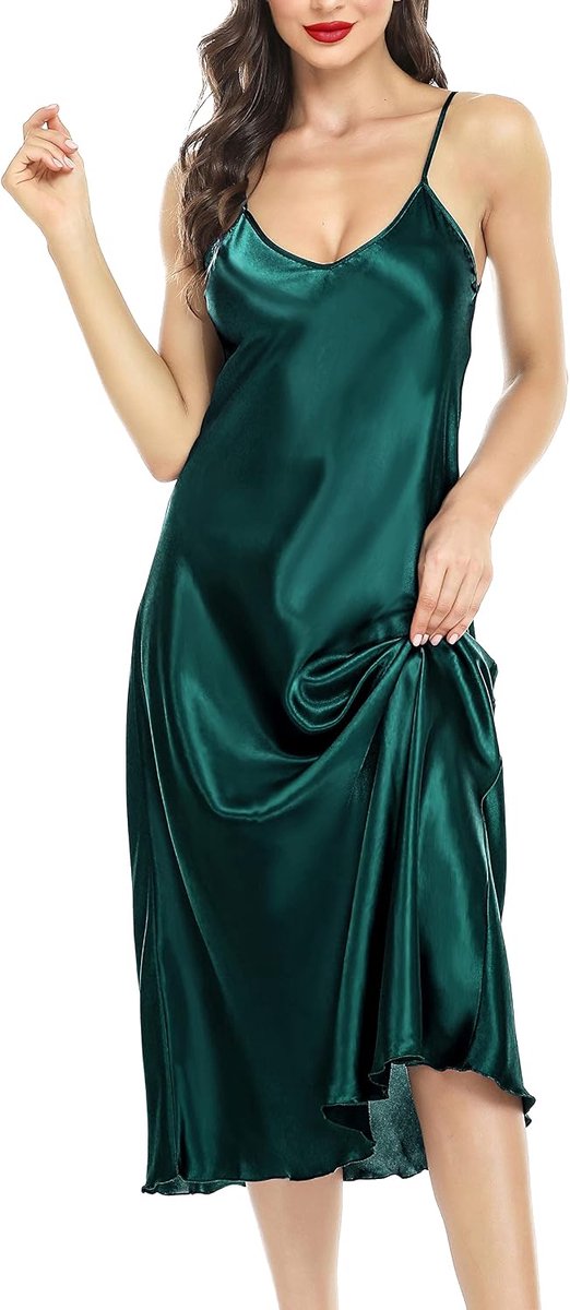 Satijnen nachtjapon voor dames, lang negligé met bandjes, zijden nachthemd voor dames, V-hals, volledige slips, nachtkleding
