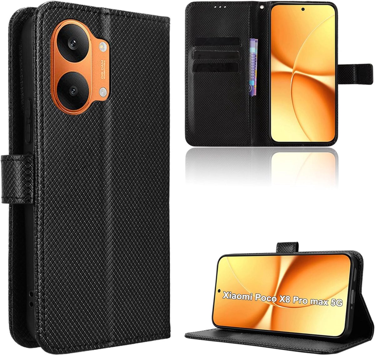 Hoesje voor Xiaomi Poco X8 Pro Max 5G, schokbestendig, hoes voor mobiele telefoon van premium koolstofvezel [opvouwbare flip] [standfunctietas] - zwart