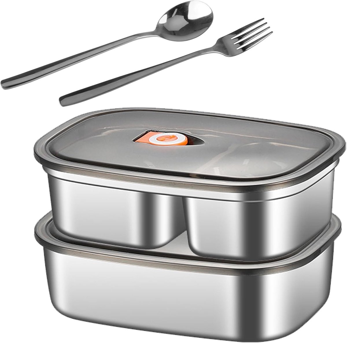 2-delige broodtrommel met vakken van roestvrij staal, lunchbox voor volwassenen, 1,7 l + 1, | Bento-doos met lepel en vork bestek draagbare broodtrommel met vakken voor picknick voor school reisbureau